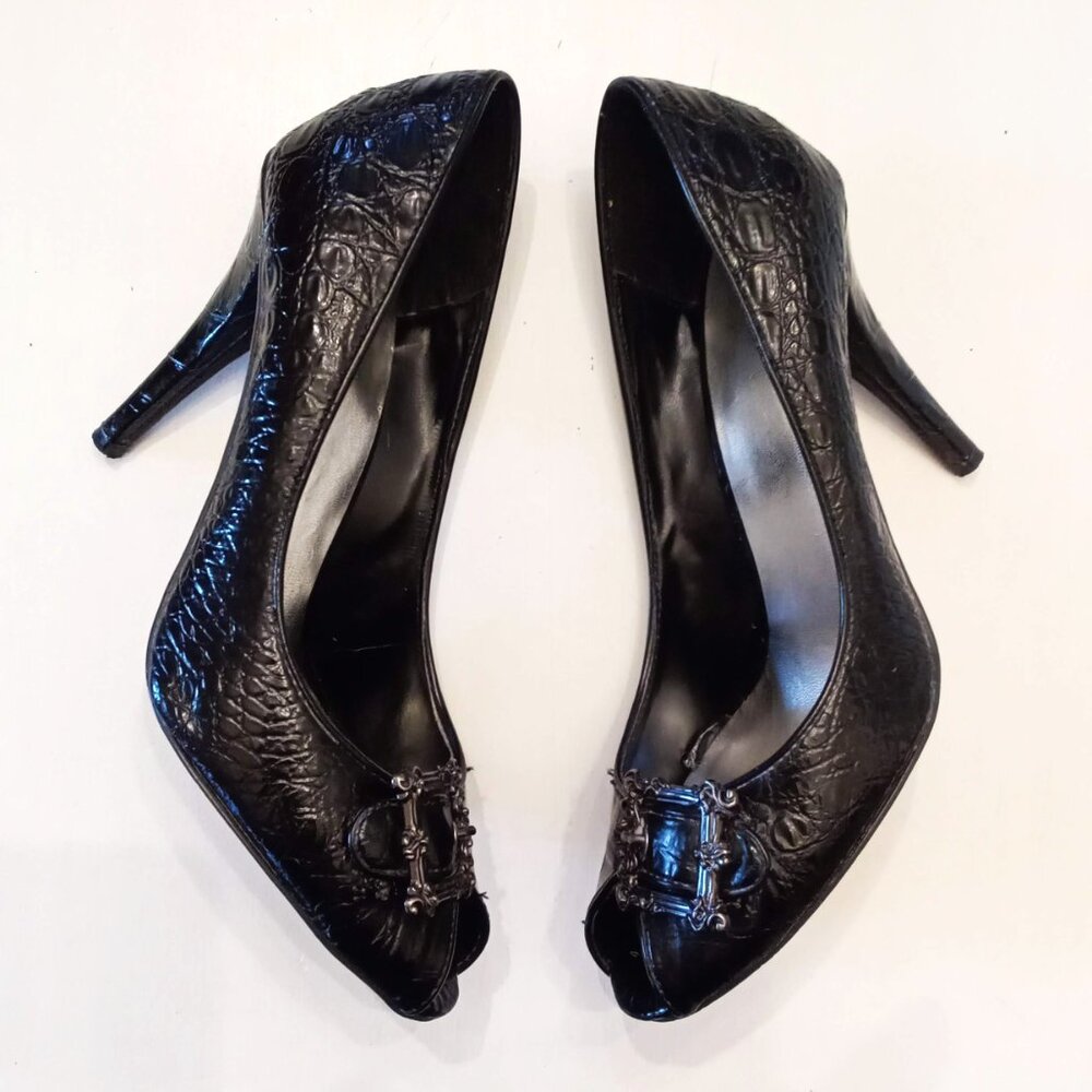 Joey O Black Stilettos Moc Croc Buckle Peep Toes size 8 silver insoles 4" Heels